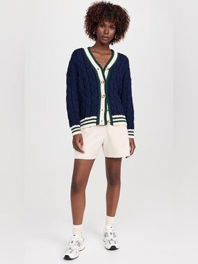 En Saison Navy Cable-Knit Cardigan with Cream & Green Trim